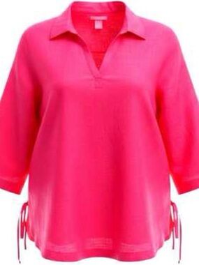 Isaac Mizrahi 100% Linen Women's Bright Pink Collared Tunic Top